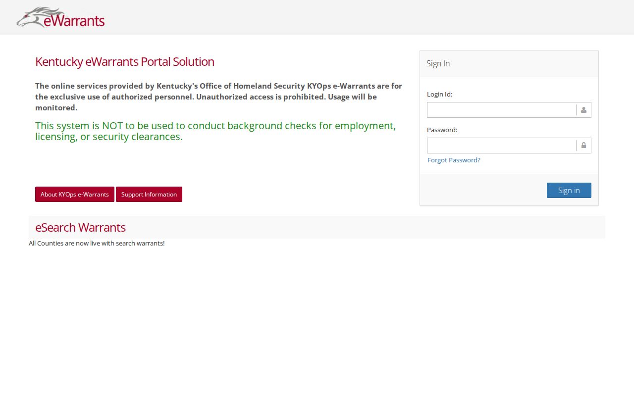 Kentucky eWarrants authorized-user login for Adair County warrant records